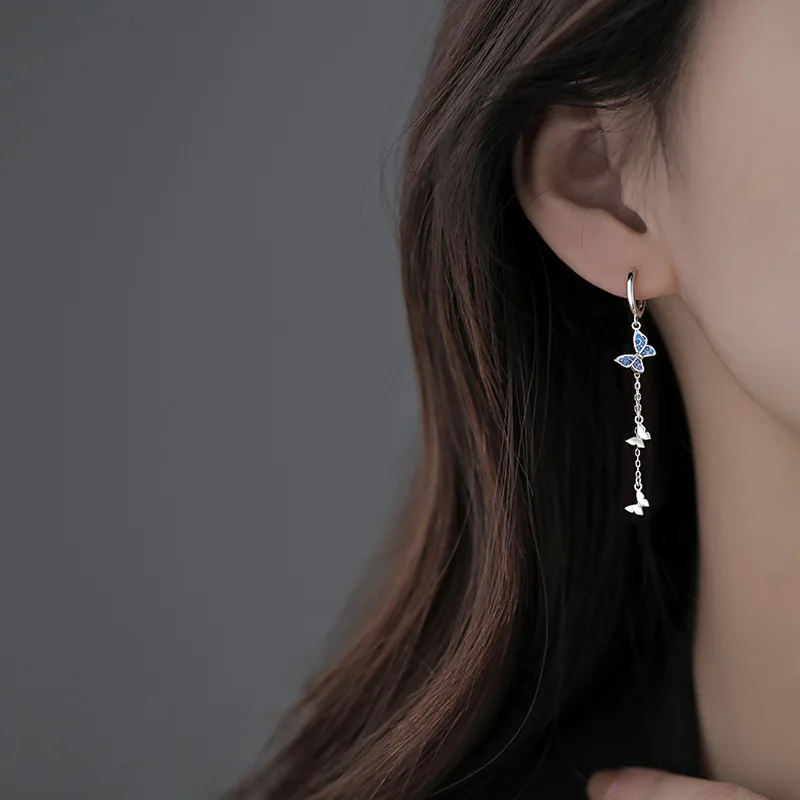 

Romantic Long Tassel Drop Earrings For Women Tiny Huggie Cute Butterfly Blue Crystal Elegant Dangle Earring Jewelry Accessories