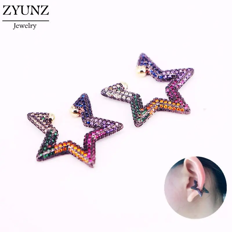 

2 Pairs, Rainbow CZ Star Ear Cuff, Micro Pave CZ Zircon Non Pierced Girl Women Clip Earring Cuff Earcuff Jewelry