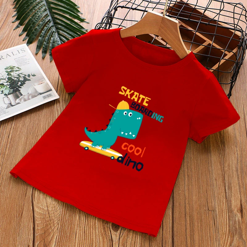 

95%COTTON Boys T-Shirts Short Summer Tops Kids Dinosaur Sweatshirt 3-14T Cartoon Printing Children Girl Pink Shirts Clothing