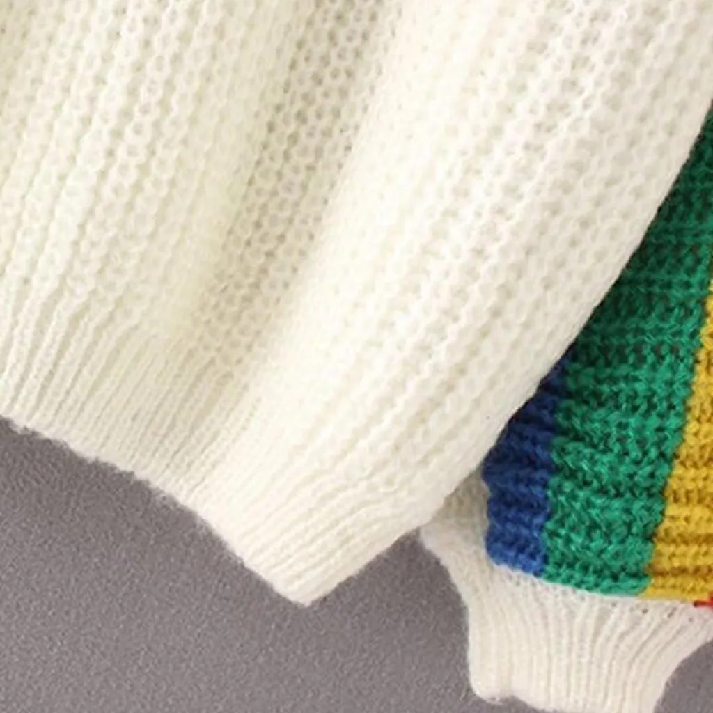 Пуловер женский зимний в радужную полоску с круглым вырезом и длинным рукавом |