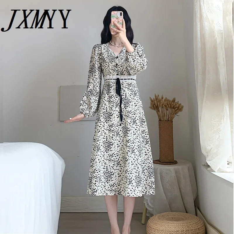 

Женское платье с цветочным принтом JXMYY, элегантное черное платье во французском ретро-стиле с V-образным вырезом на талии, осень 2021