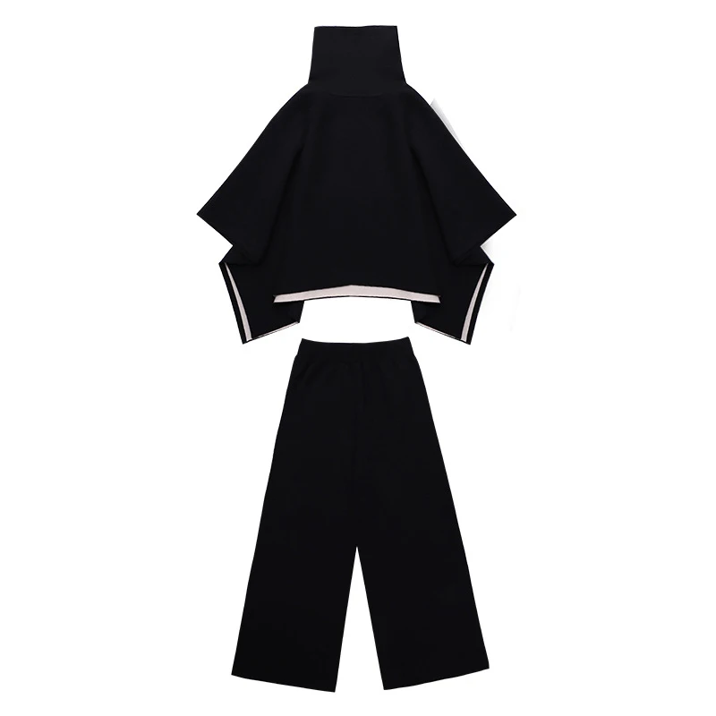 

High-quality autumn spring new high-waist wide-leg pants + high-neck cloak top 2-piece suit women's knitted suit loose