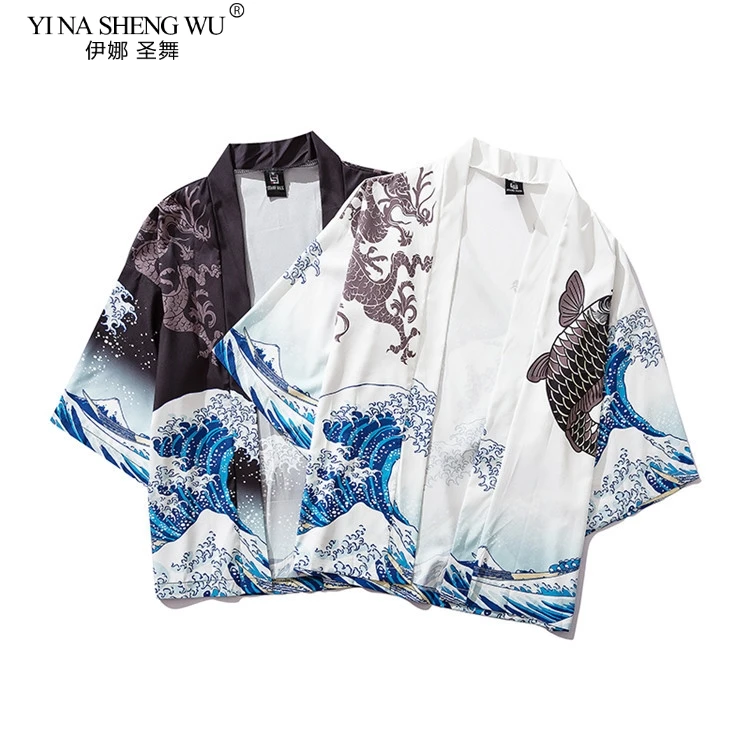 Кимоно с надписью The Great Wave Off Kanagawa Man японский традиционный Восточный этнический