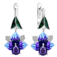 women exaggerated big flower petal silver color dangle earrings noble handmade blue enamel elegant drops earrings jewelry gift