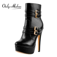 onlymaker womens platform black matte ankle booties side zip metal plates buckle big size stilettos short boots
