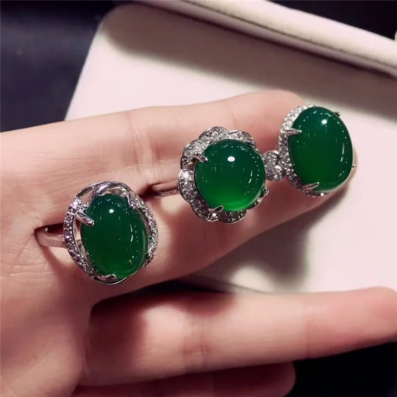 

LETSFUN Fine Jewelry 925 Silver Inlaid Green Chalcedony Noble Ring Three Styles Keep Fresh Gifts Free Shipping