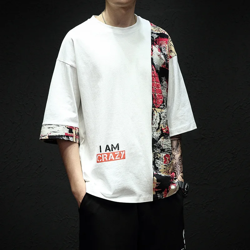 

2021 summer new men's shirt casual trend youth large size street loose round neck three-quarter sleeve T-shirt men