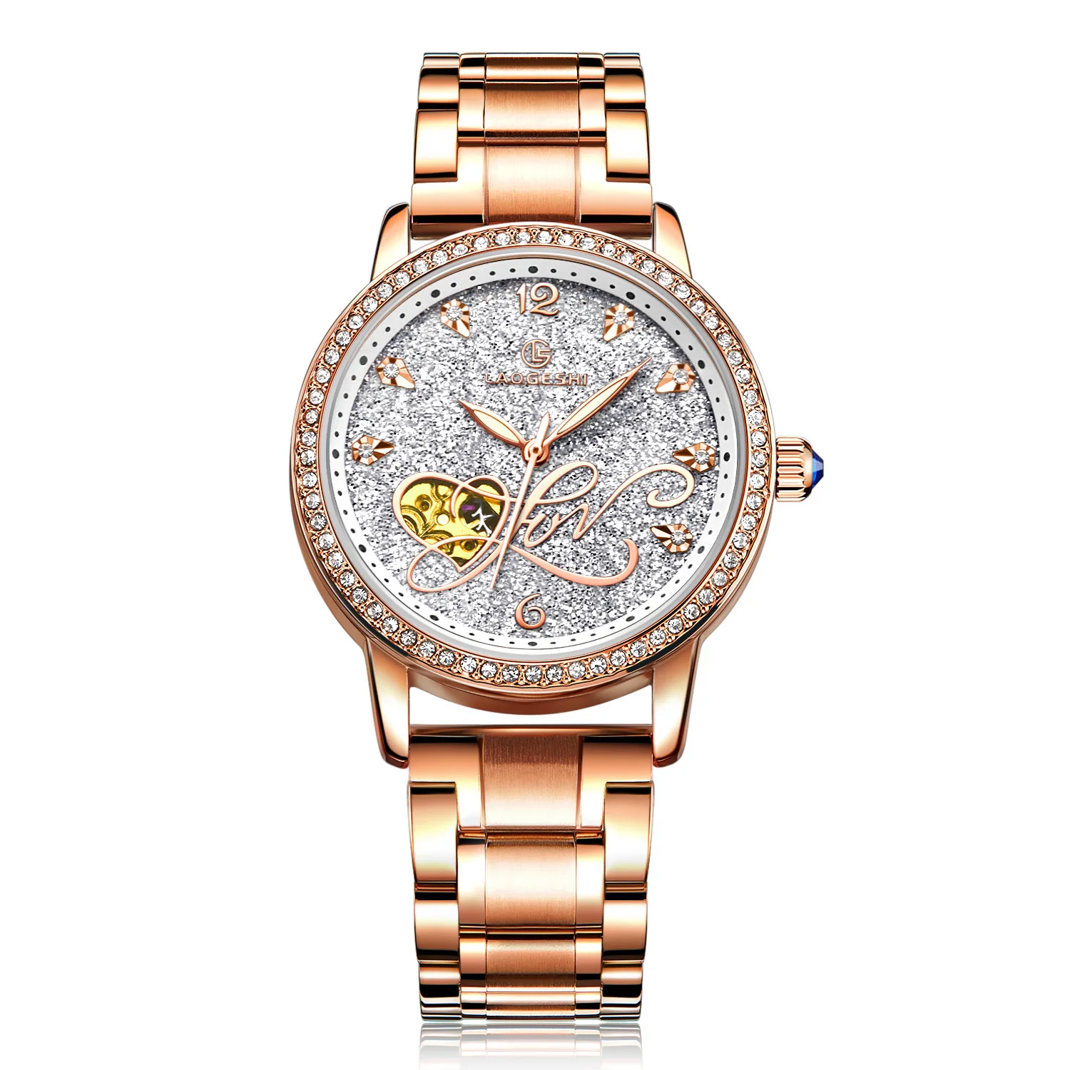 Rose Gold-White LAOGESHI Топ бренд механические часы Роскошные полностью из нержавеющей стали автоматические женские наручные часы модные водостойкие женские часы - Цвет: Rose Gold-White