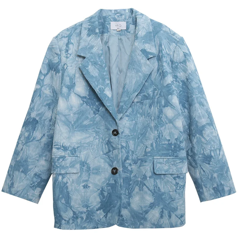 

Jane Deiune 2021 New Autumn Winter Women Loose Lake Blue Tie-dye Casual Blazer Lady Chic Streetwear Slim Korean Style Coat