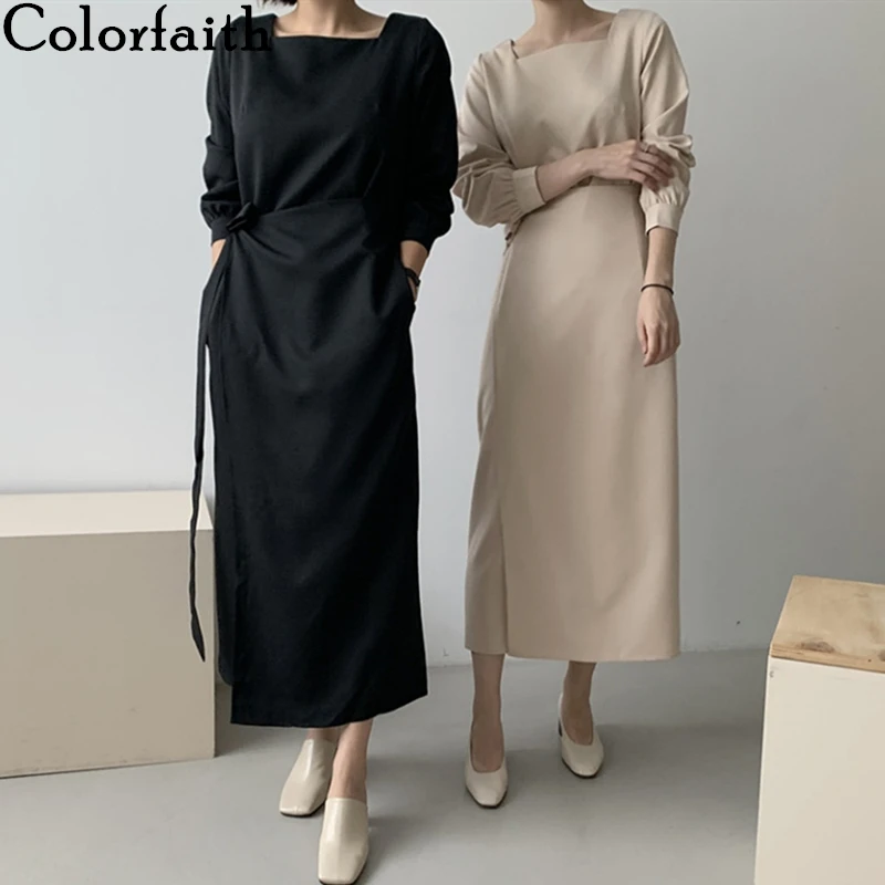 

Colorfaith New 2020 Women Autumn Winter Dresses Square Collar Lace Up Vintage Elegant Korean Style Wild Lady Long Dress DR1282