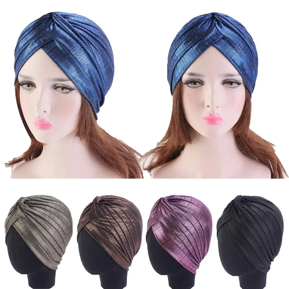Мусульманская женская блестящая плиссированная шапка после химиотерапии тюрбан