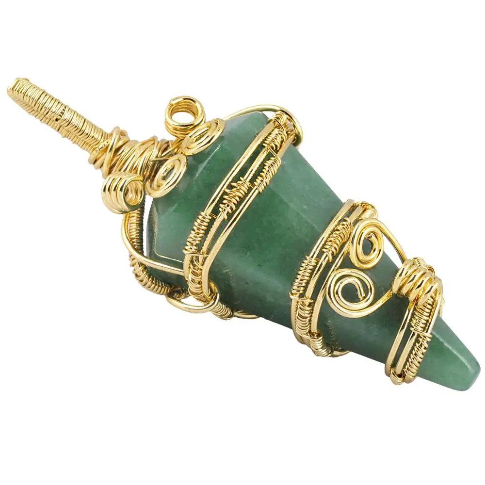SUNYIK-collar con colgante de cristal de cono envuelto en alambre hecho a mano para mujeres y hombres, Péndulo de piedra espiral de Metal para adivinación Reiki