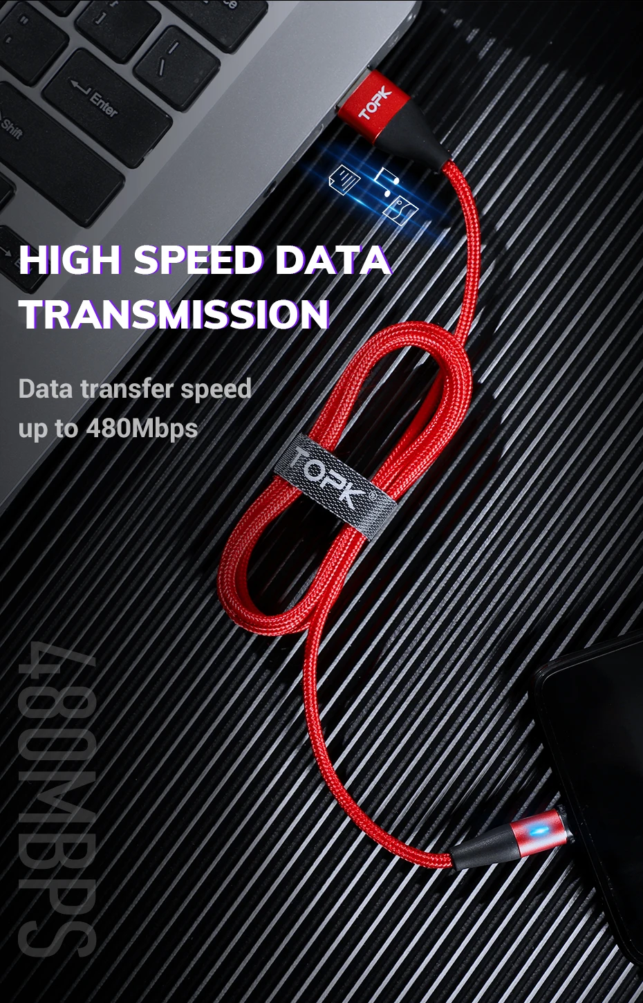 TOPK, 1 м, модернизированный, 3 А, магнитный Micro USB кабель для быстрой зарядки телефона, 8 Pin, usb type-C кабель для iPhone, samsung, huawei, Xiaomi