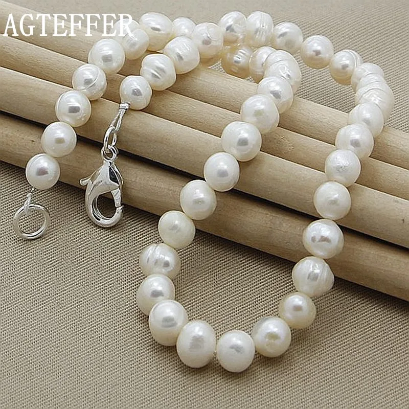 

AGTEFFER 2021 New 8mm Natural Pearl White 925 Sterling Silver Chain Necklace Woman Engagement Wedding Jewelry Gift