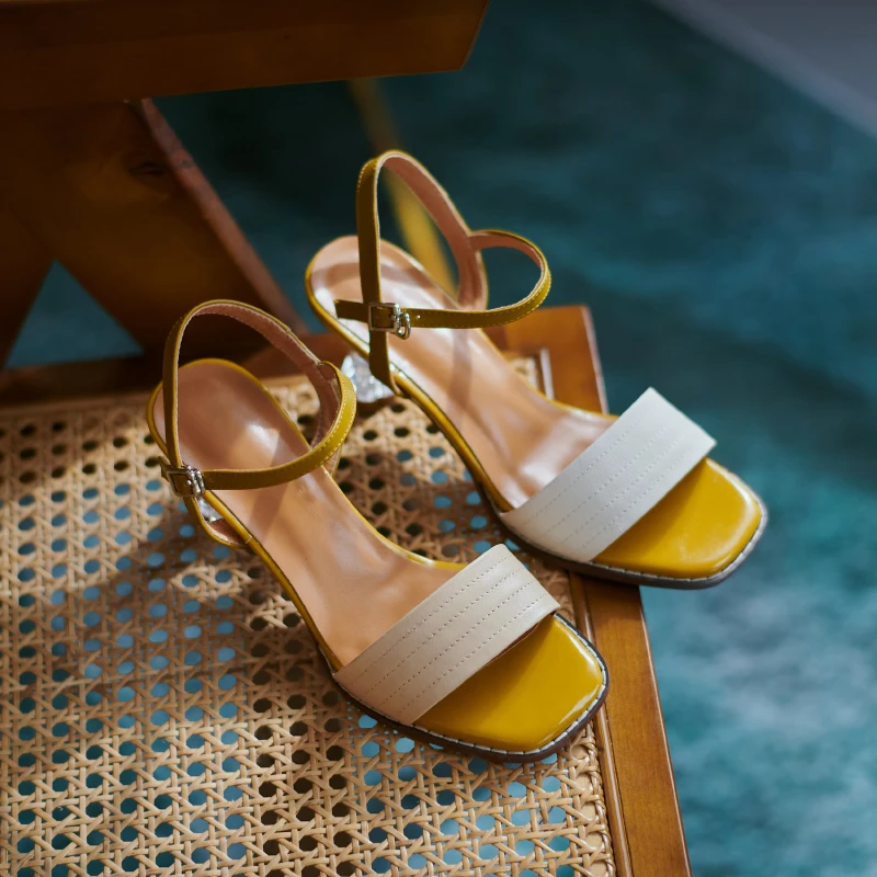 

Genuine Leather Women Sandals 2021 Summer Buckle High Heels Pumps Summer Newest mixed color Wedding Party Prom Shoes Woman