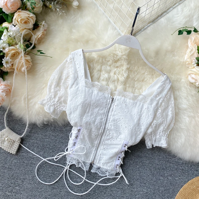 Новинка 2020 Женская шикарная супер милая кружевная блузка с пышными рукавами и