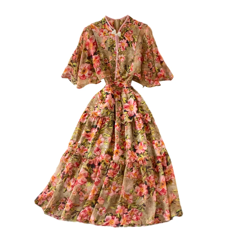 

Dress Women Summer Vintage Floral Dresses Female High Waist Slim A-line Vestidos Fashion Tide 2021 Summer Clothing