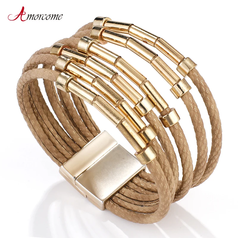 Amorcome металлический корпус кожаные браслеты из нержавеющей стали для женщин 2021