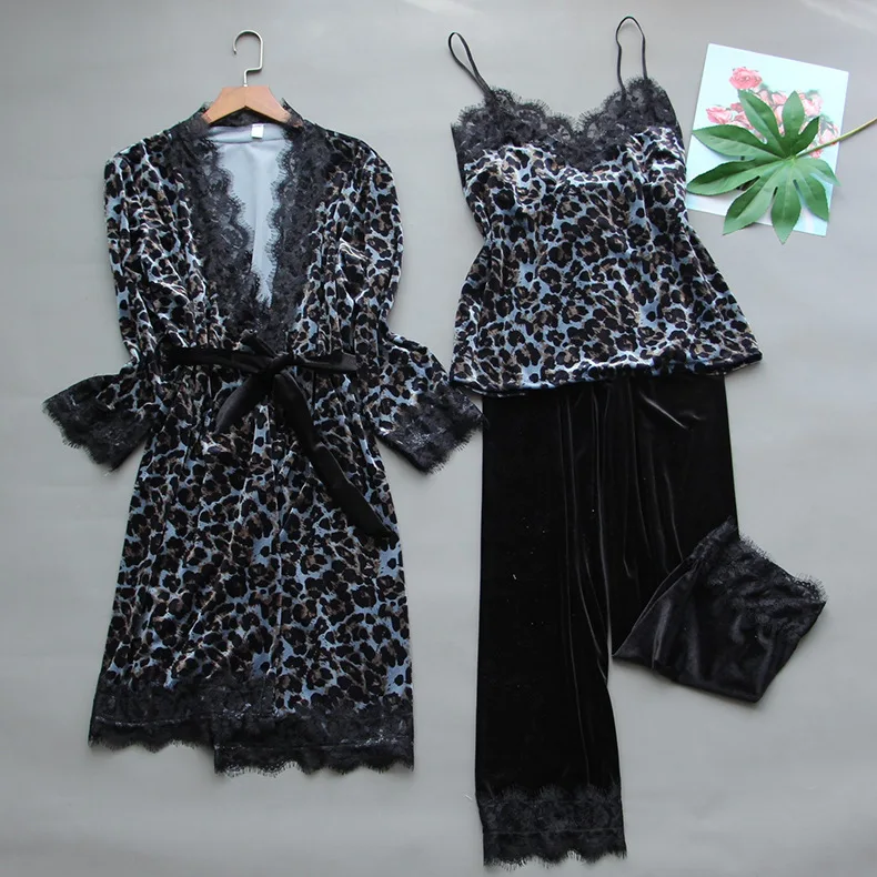 

Autumn New Homewear Velour Home Clothing Leopard 3PCS Robe Set Pajamas Suit Velvet Wome Sexy Nightwear Intimate Lingerie