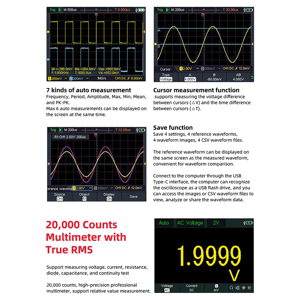 

50MHz Oscilloscope Handheld Dual Channel 2 In 1 Oscilloscope Multimeter 3.5 Inch LCD Display Oscilloscope True RMS Multimeter