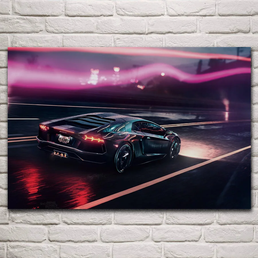 

Cool Supercars racing night sport car vehicle artwork fabric posters on the wall picture home art living room decoration KP048