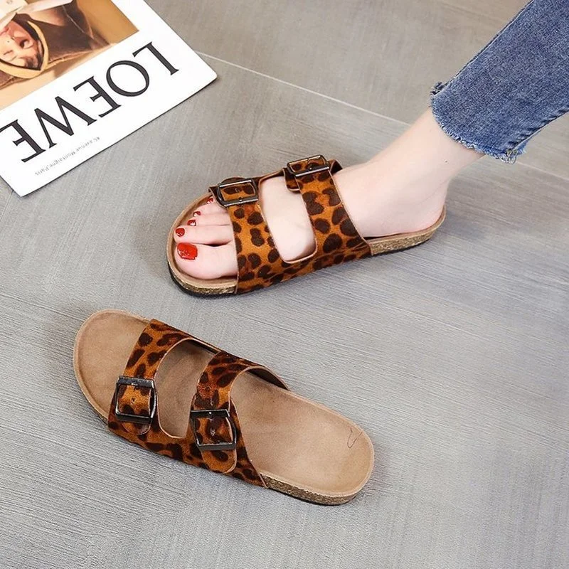 

2021 Fashion New Women's Slippers Leopard Print Upper Buckle Design Trendy Open-toed Casual All-match Women's Slippers