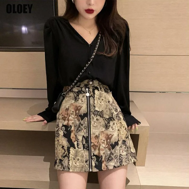 

Women Sets Autumn 2021 V-Neck Cat Print Sexy Mini Skirt Females Leisure Trendy Slim Cool Street Club Hip Fashion Long Sleeve Top