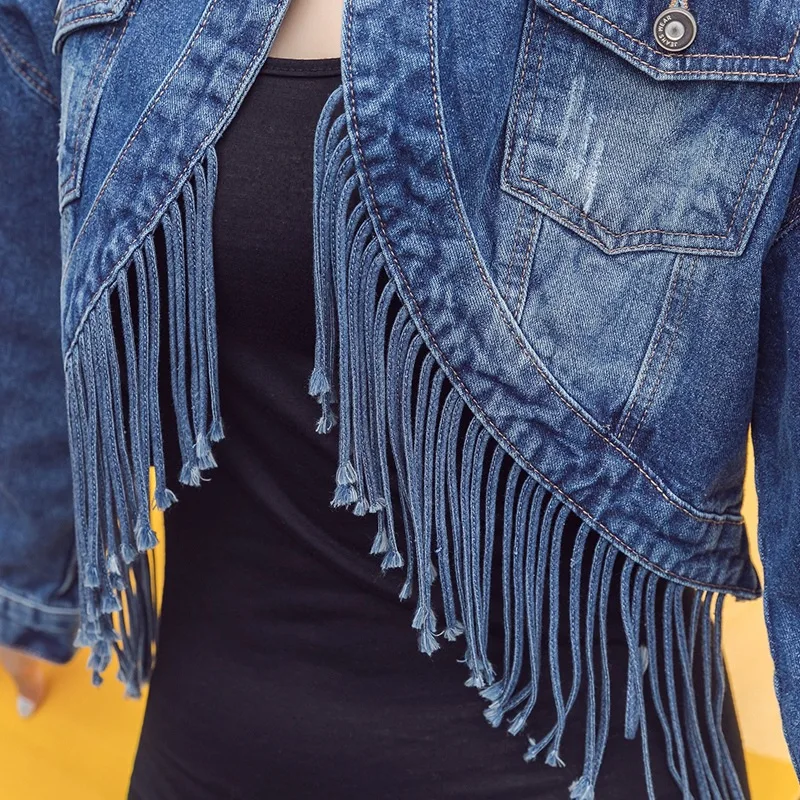 

Spring Autumn New Korean Women's Denim Short Jacket Fashion Irregular Tassel Bust Girls Ladies All-match Basic Coats 2021