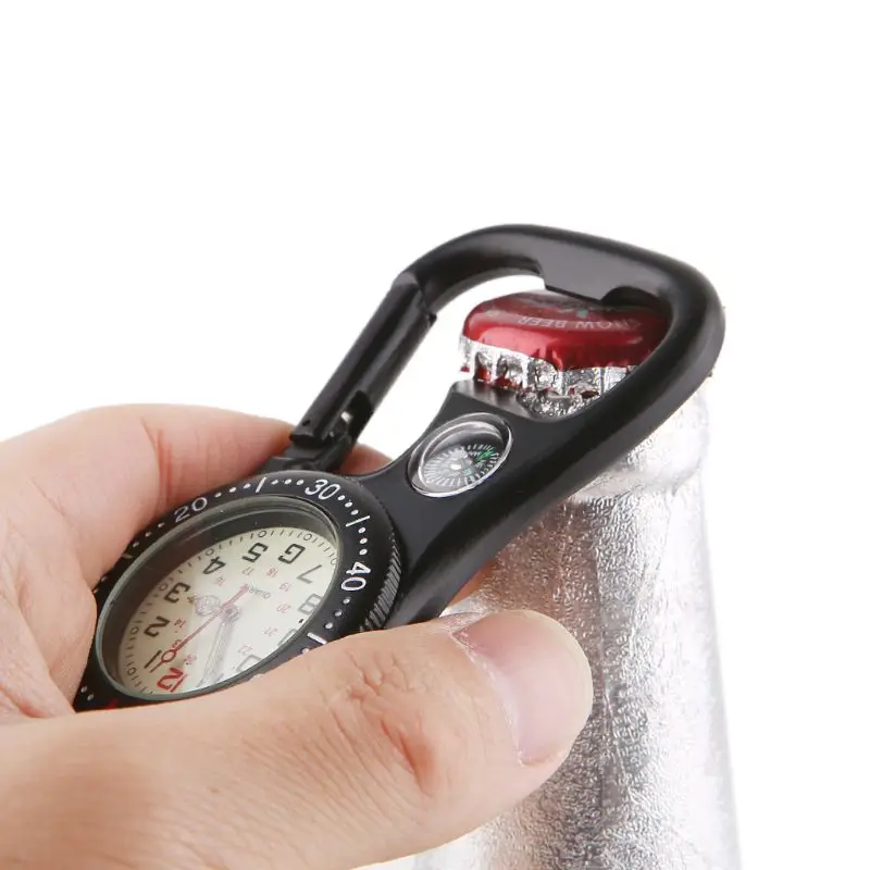 

Q1FF Rock Climbing Carabiner Luminous Watch Hang Buckle Compass Bottle Opener Analog Display Quartz Movement