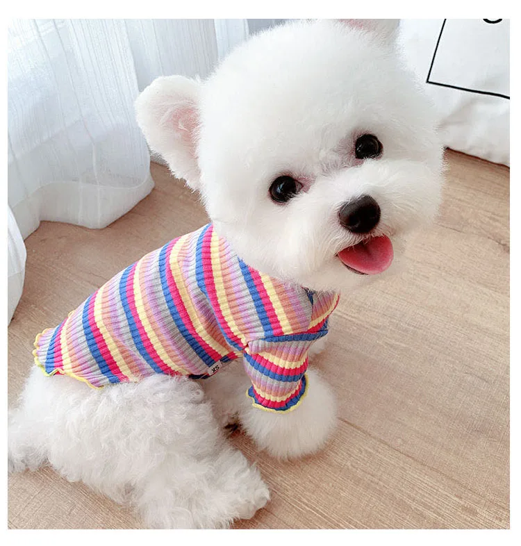 

Puppy Costume Rainbow Striped Dog Clothes Ruffle Collar Female Dogs Shirts Spring Autumn Small Pet Chihuahua Knit Sweater New