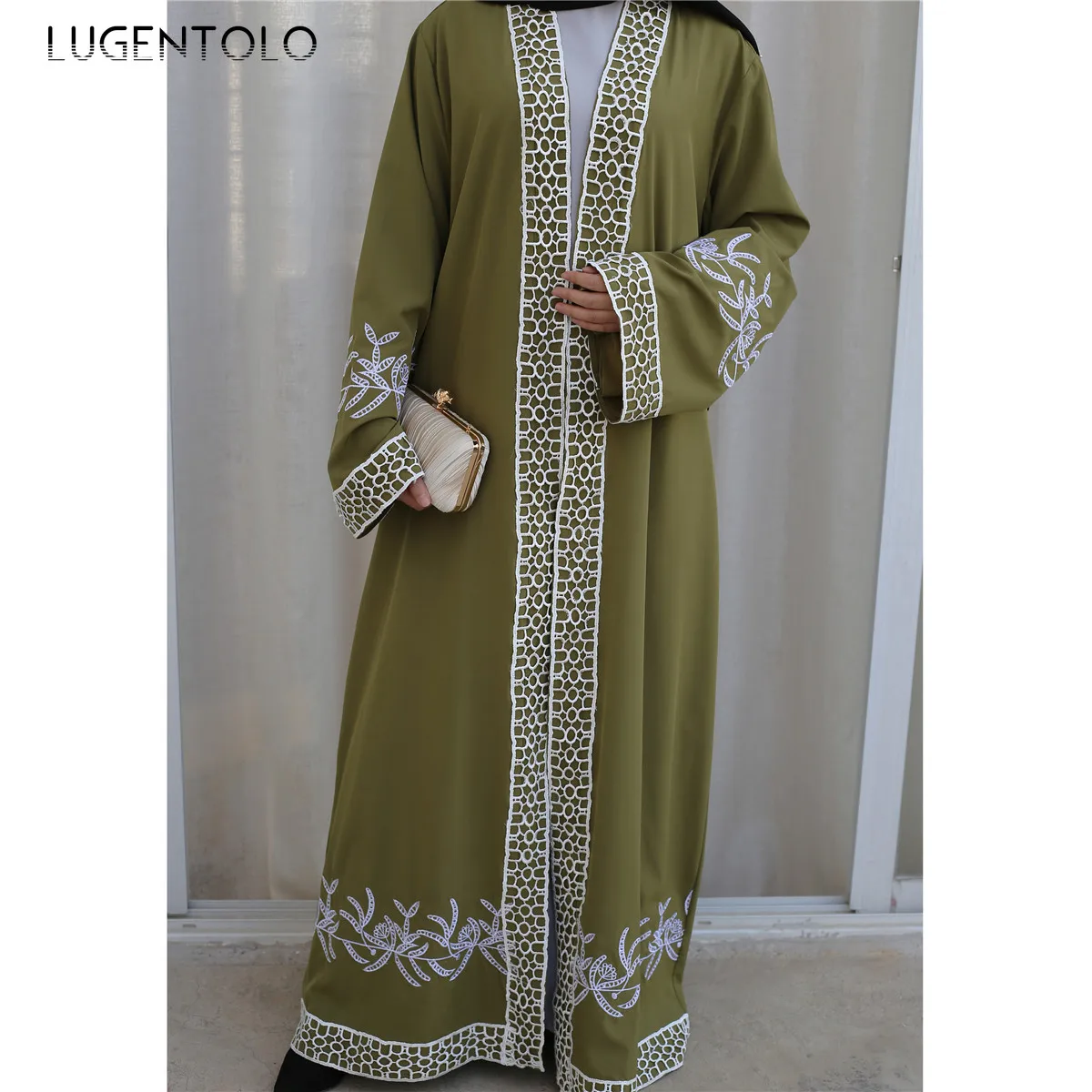 

Lugentolo Women Long Dress Stitching Lace Embroidered Cardigan Fashion Muslim Dress Abaya Loose Casual Lady Elegant Maxi Dresses