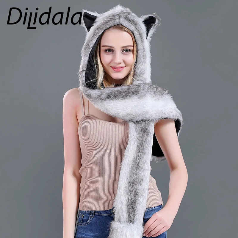 Dilidala шапка шарф для женщин полный мех животных зимняя теплая худи перчатки