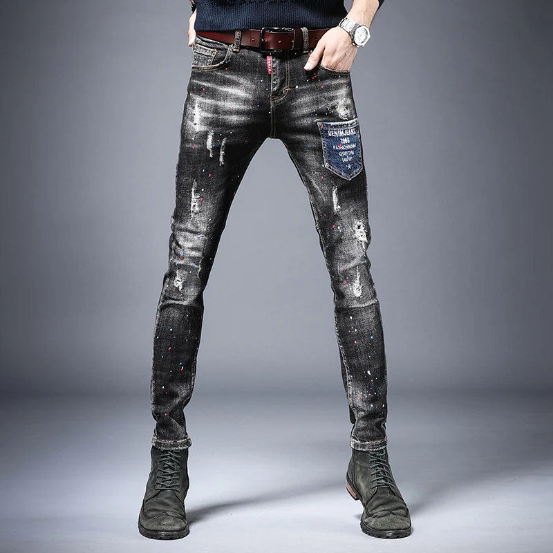American Street Fashion Men Jeans Retro Black Gray Elastic Cotton Slim Ripped Jeans Men Pocket Patched Hip Hop Denim Punk Pants