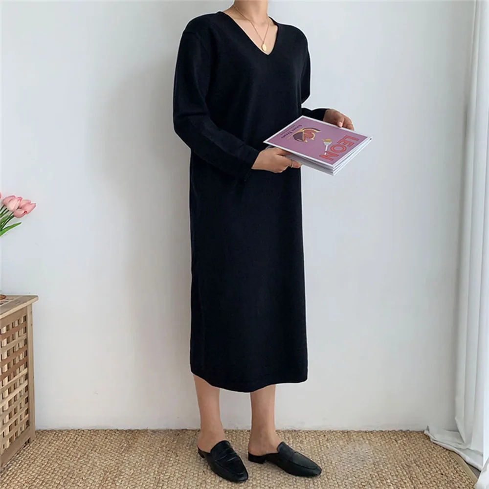 

Knitted Dress Women Casual Long Sleeve Vintage Sweater Dress Female 2021 Autumn Piece Dress Korean Fashion Loose Pullovers