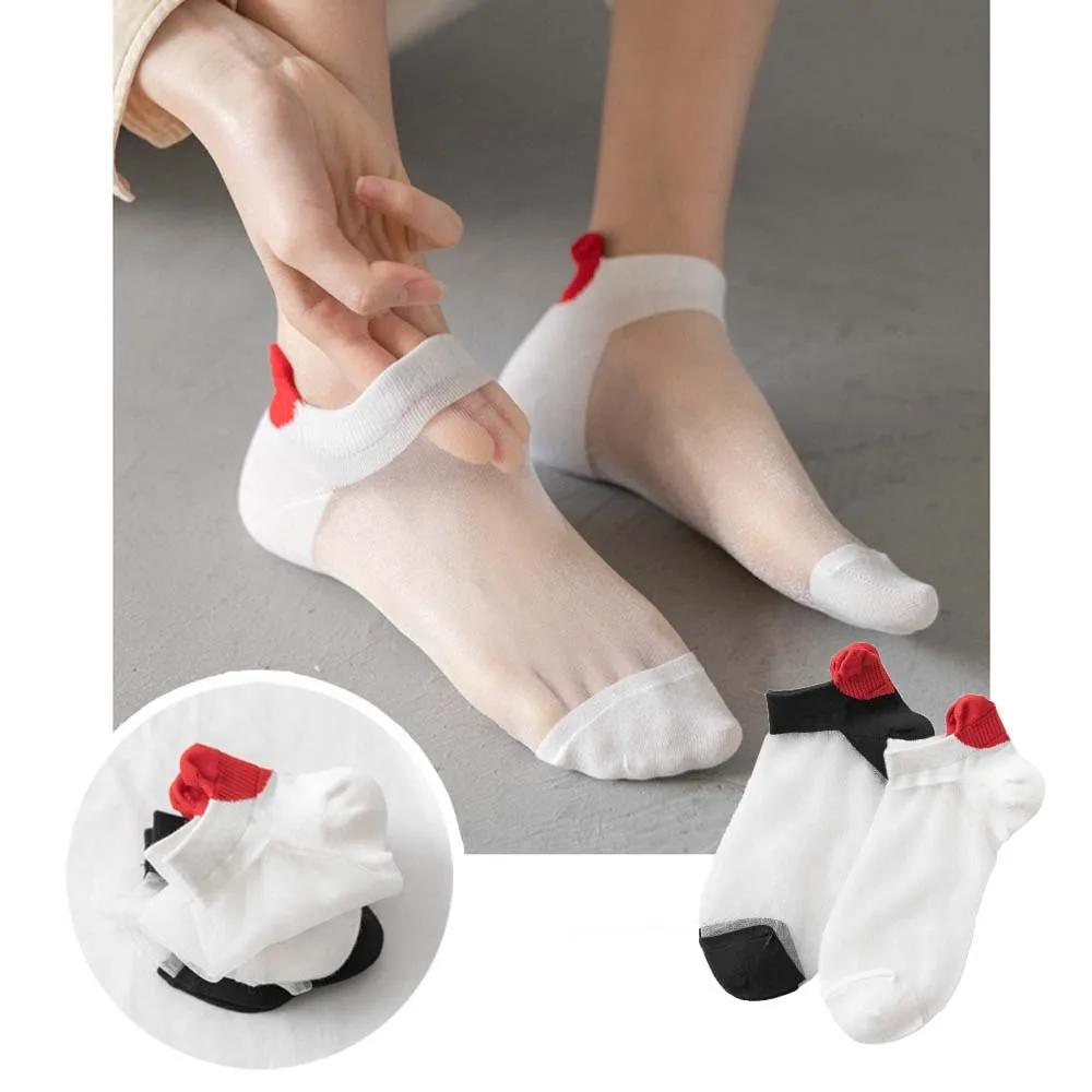 

Crystal Silk Short Socks Women Summer Glass Silk Breathable Cotton 3D Red Heart Cute Ankle Socks