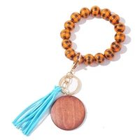 wood beads keychain tassel wristlet bracelet keychain charms printed plaid pendant keyring for women wholesale hot sale trend