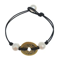 chinese coin 10 11mm white freshwater pearls bracelet with black leather trendy jewelry for women girls gifts 7 5 inch