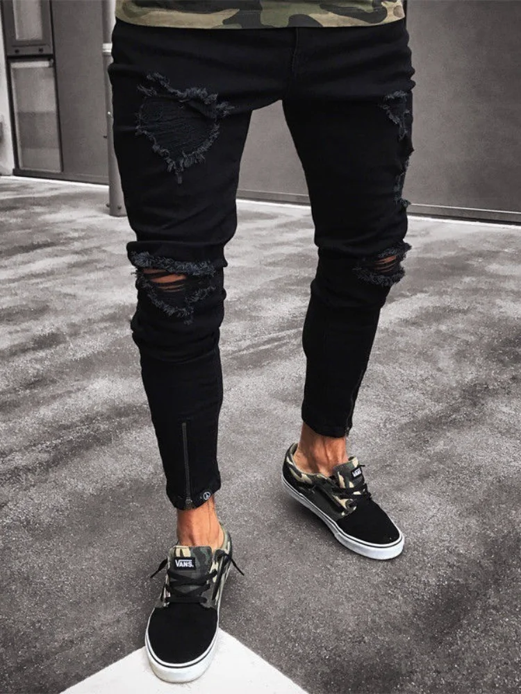 ICCLEK 2021 New Autumn Jeans Men's New Black Jeans Ripped Stretch Jeans Zipper Men's Pants Men Jeans Pants Slim Fit