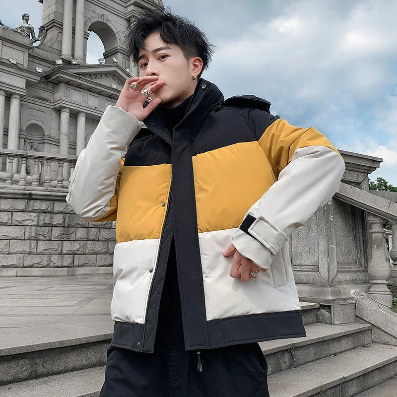 Men's Fashion Color Block Warm Cotton Jacket 2021 Winter Japanese Slim Fit Removable Hooded Cotton Jacket Coats for Men