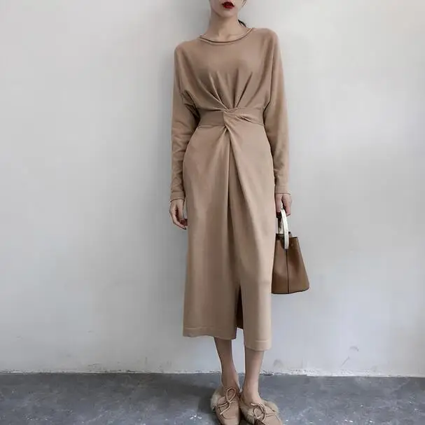 Зимние платья для женщин Европейский стиль женские осенние вязаное платье с