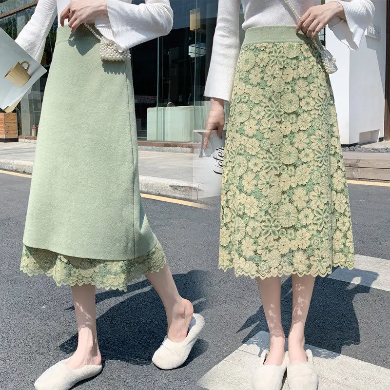 

Reversilble Knitted Skirt Women's Wool Skirt 2021 New High Waist Lace Midi Skirt One Step A-line Long Skirt For Women