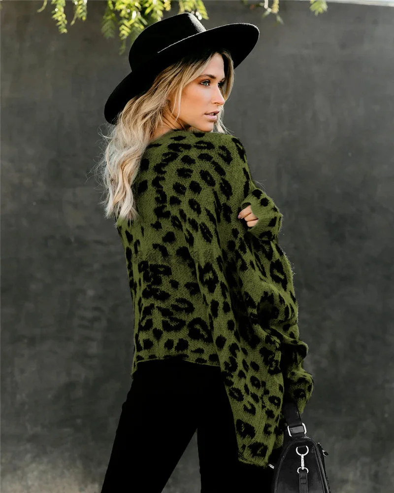 

Mandylandy Autumn and Winter Long Sleeve Leopard Printed Sweater Women's Casual Cardigan Pocket V-neck Loose Knitted Sweater