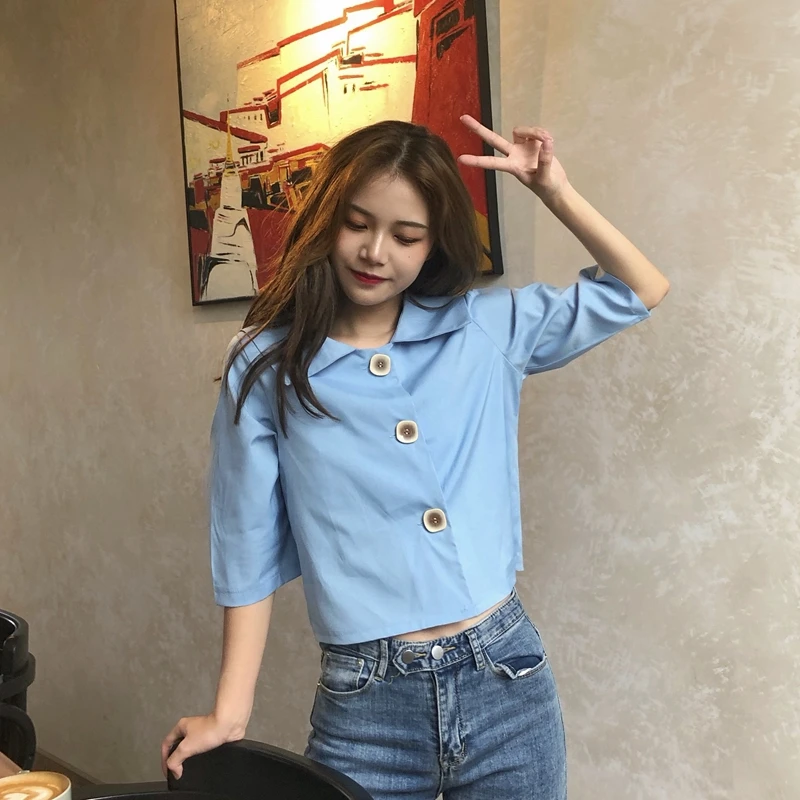 

Korean style Trend temperament sweet button blue peter pan collar new summer ladies tops high quality Women's Clothing shirts