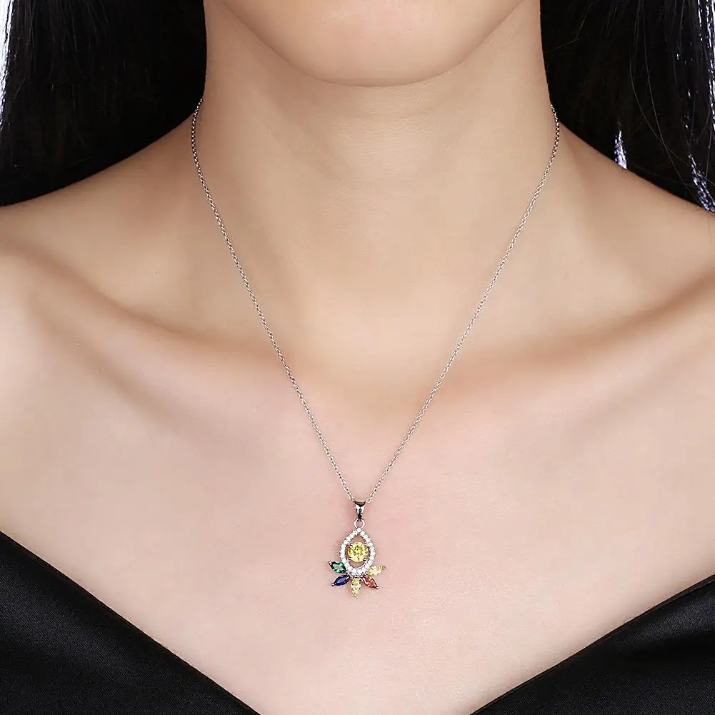 

LEKANI 925 Sterling Silver Trendy Flower Pendant Necklace Women Dazzling Cubic Zirconia Necklace Charms Anniversary Jewelry