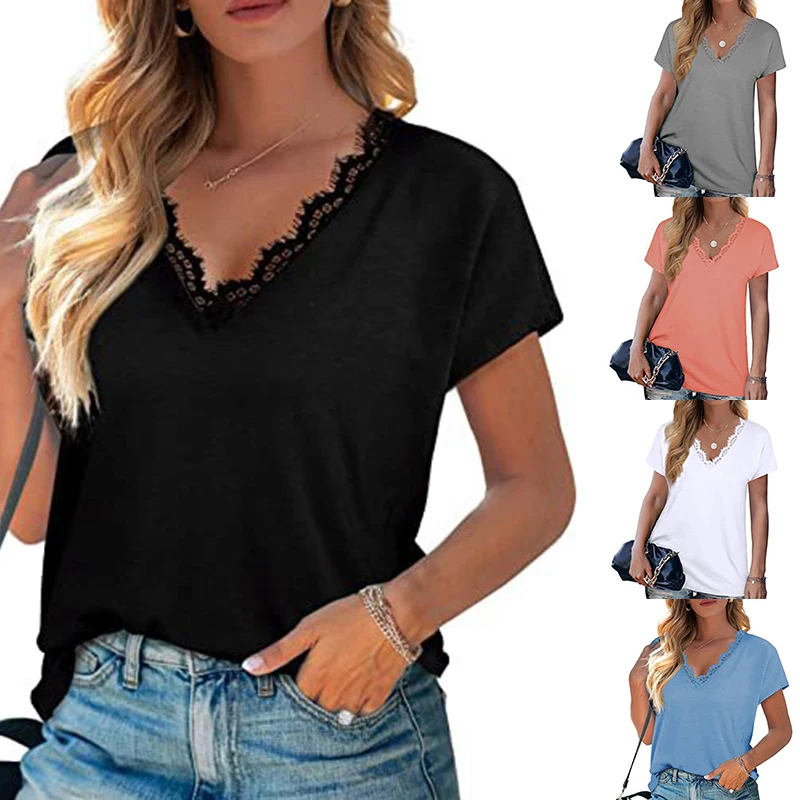 

Женская блузка с V-образным вырезом, коротким рукавом и кружевной отделкой