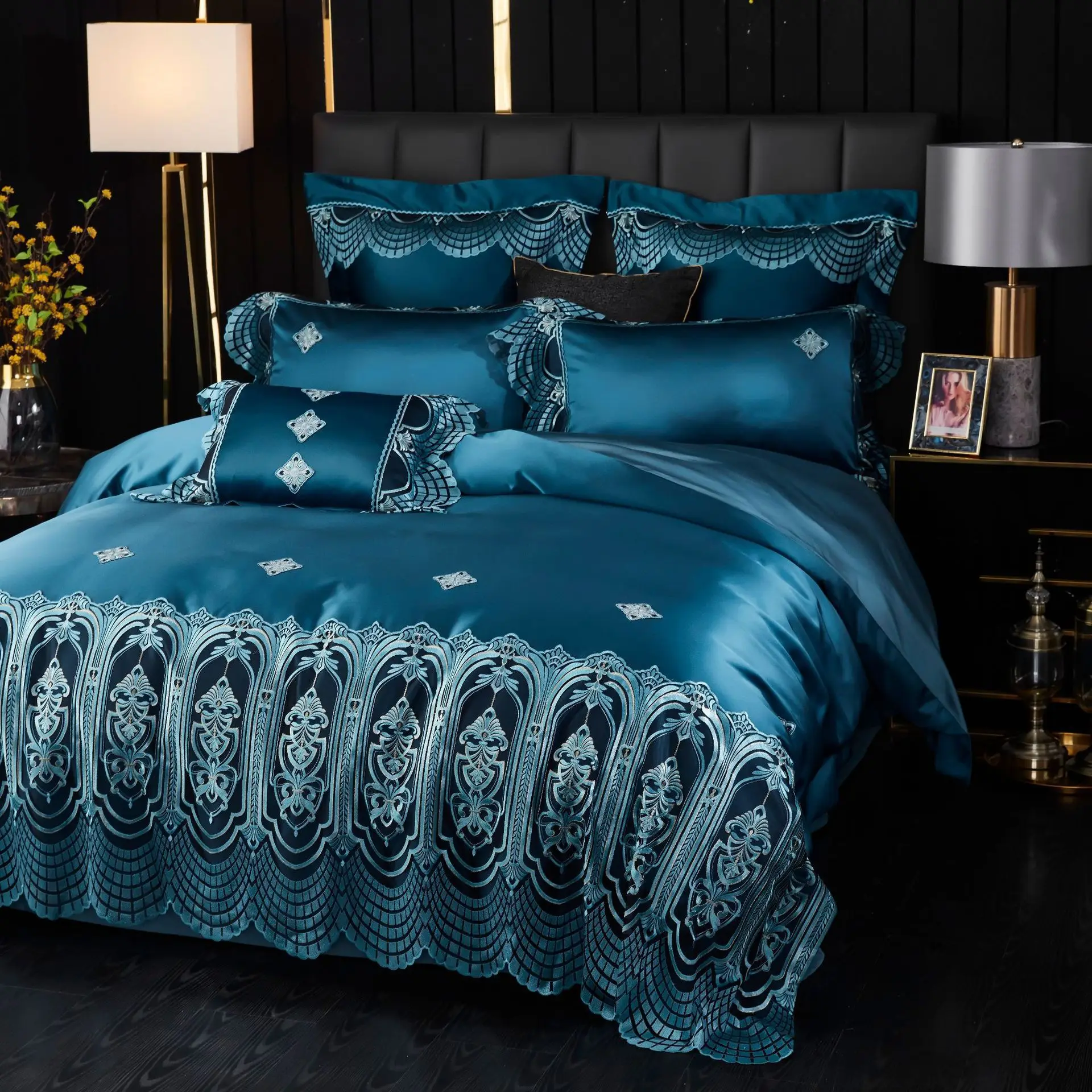 

European Style Luxurious Lace Embroidery Heavy Silk Cotton Blue Green Bedding Set Duvet Cover Sheet Pillowcase King Queen 4 PCS