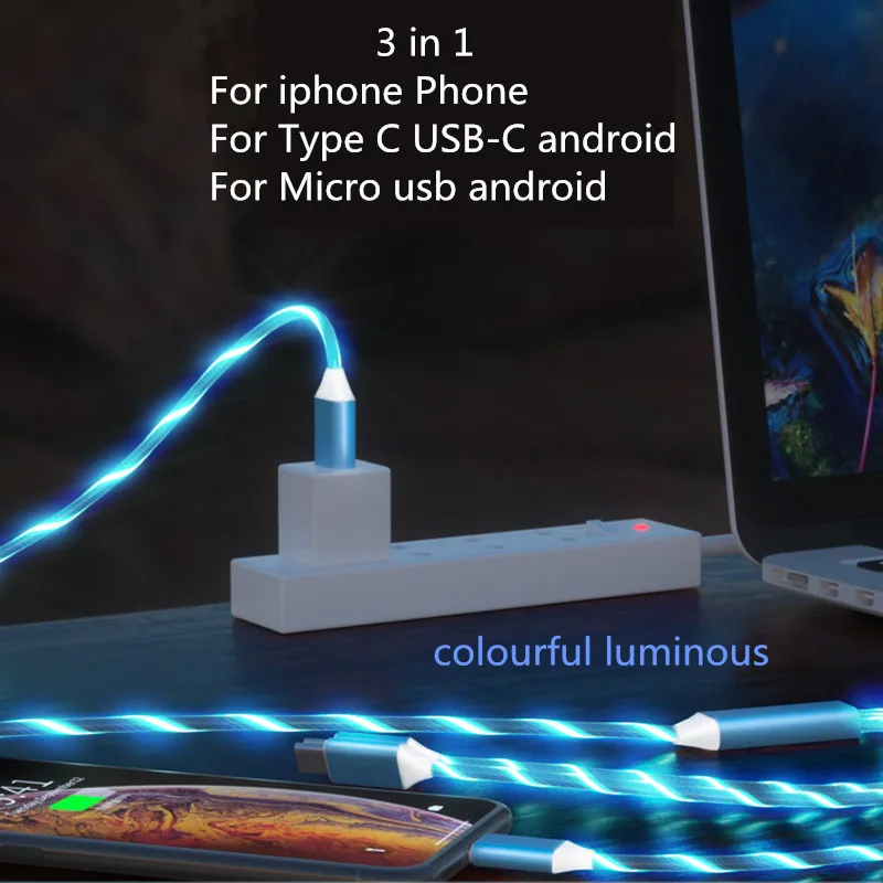 Потока светящийся зарядный 3 в 1 взаимный обмен данными между компьютером и