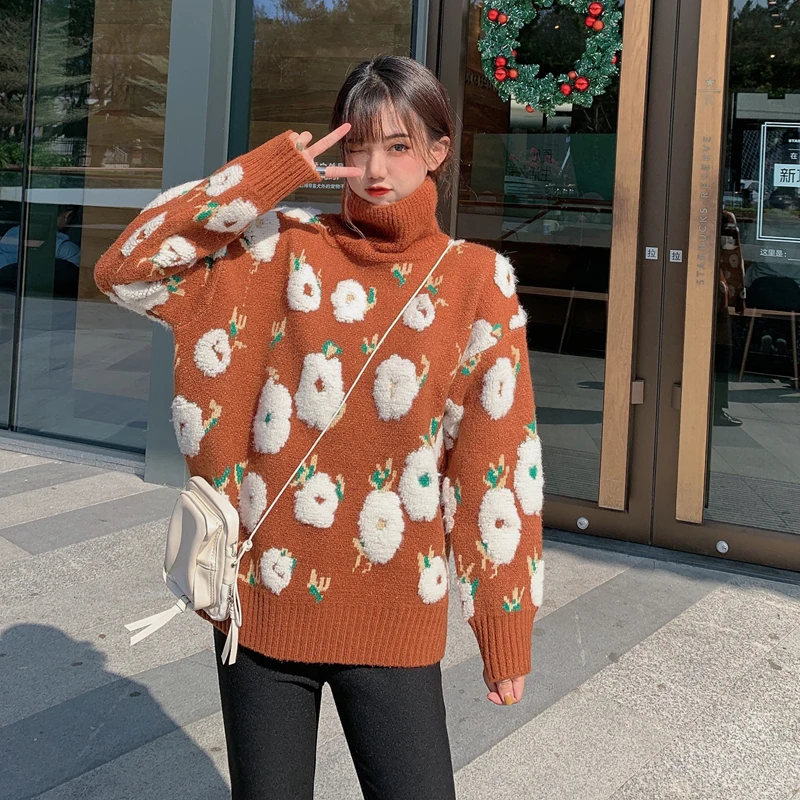 

Women Pullover Turtleneck Sweaters Loose Knitted Female Floral Sweet Thick Elegant Office Lady Slim All Match Tops
