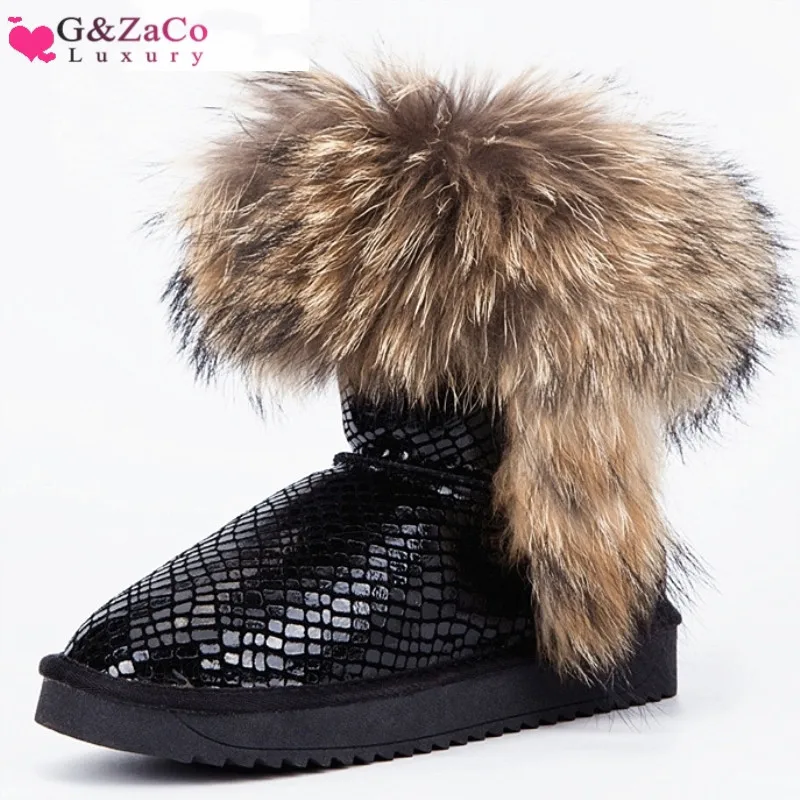 G& Zaco/Роскошные зимние сапоги из натуральной лисы; черные кожаные женские сапоги с натуральным мехом; водонепроницаемые зимние короткие сапоги из коровьей кожи