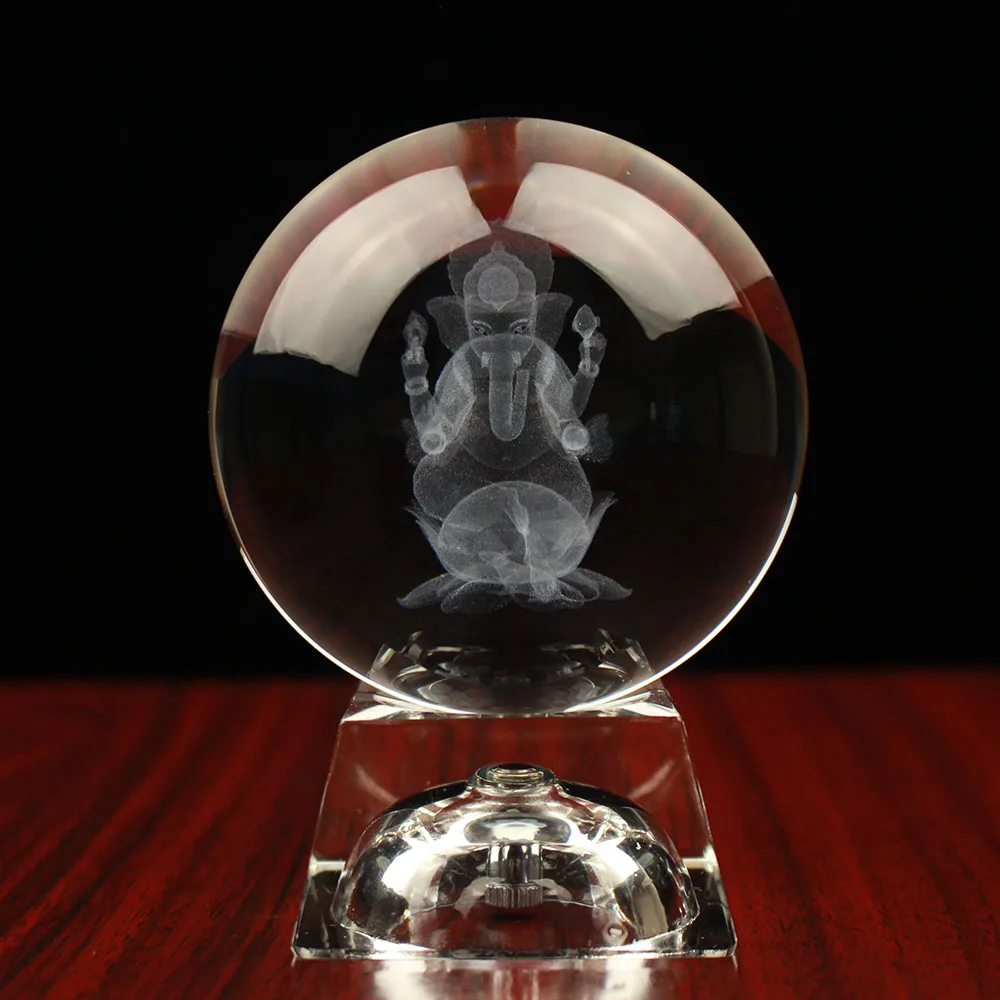 with crystal LEDbase 3D лазерная гравировка Индийский Бог изобилия Ганеша хрустальный шар черная по щиколотку ремесла Глобус украшения дома аксессуары - Цвет: with crystal LEDbase